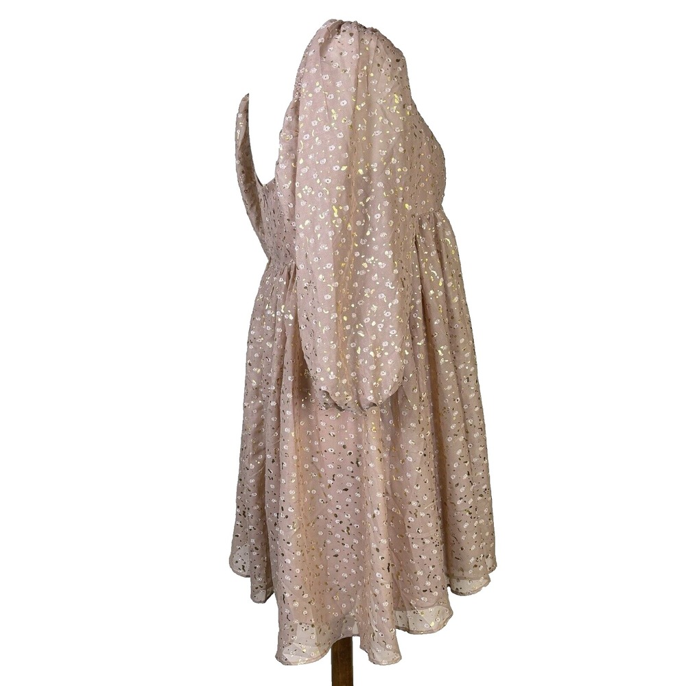 Storia Anthropologie Womens Dress Sz S Metallic‎ Babydoll Mini Puff Sleeve - Picture 9 of 11